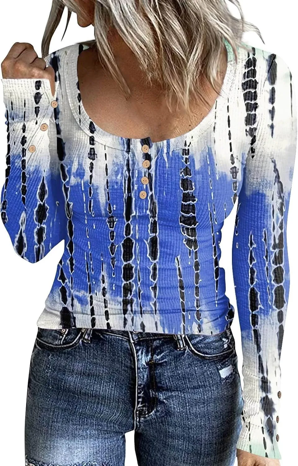 2023 Fall Winter Women's Tshirt Long Sleeve top Button lace Round Neck Gradient Print Casual Fashion Shirt Sexy Tunic