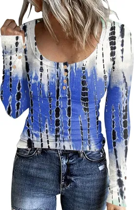 2023 Fall Winter Women's Tshirt Long Sleeve top Button lace Round Neck Gradient Print Casual Fashion Shirt Sexy Tunic