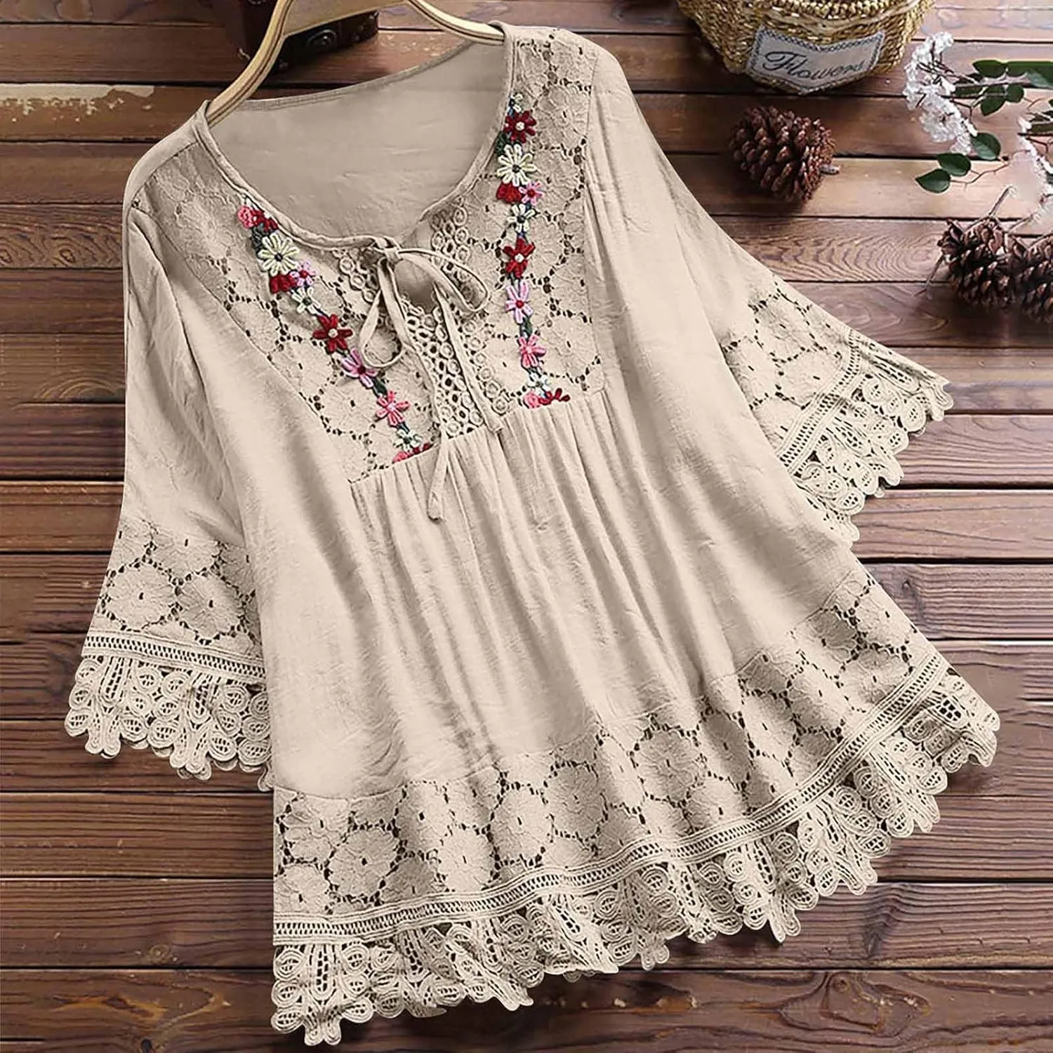 3/4 Length Sleeve Womens Boho Tops Cotton Linen Mexican Embroidered Shirts Plus Size Flowy Lace Tunic Peasant Blouses