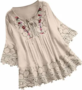 3/4 Length Sleeve Womens Boho Tops Cotton Linen Mexican Embroidered Shirts Plus Size Flowy Lace Tunic Peasant Blouses