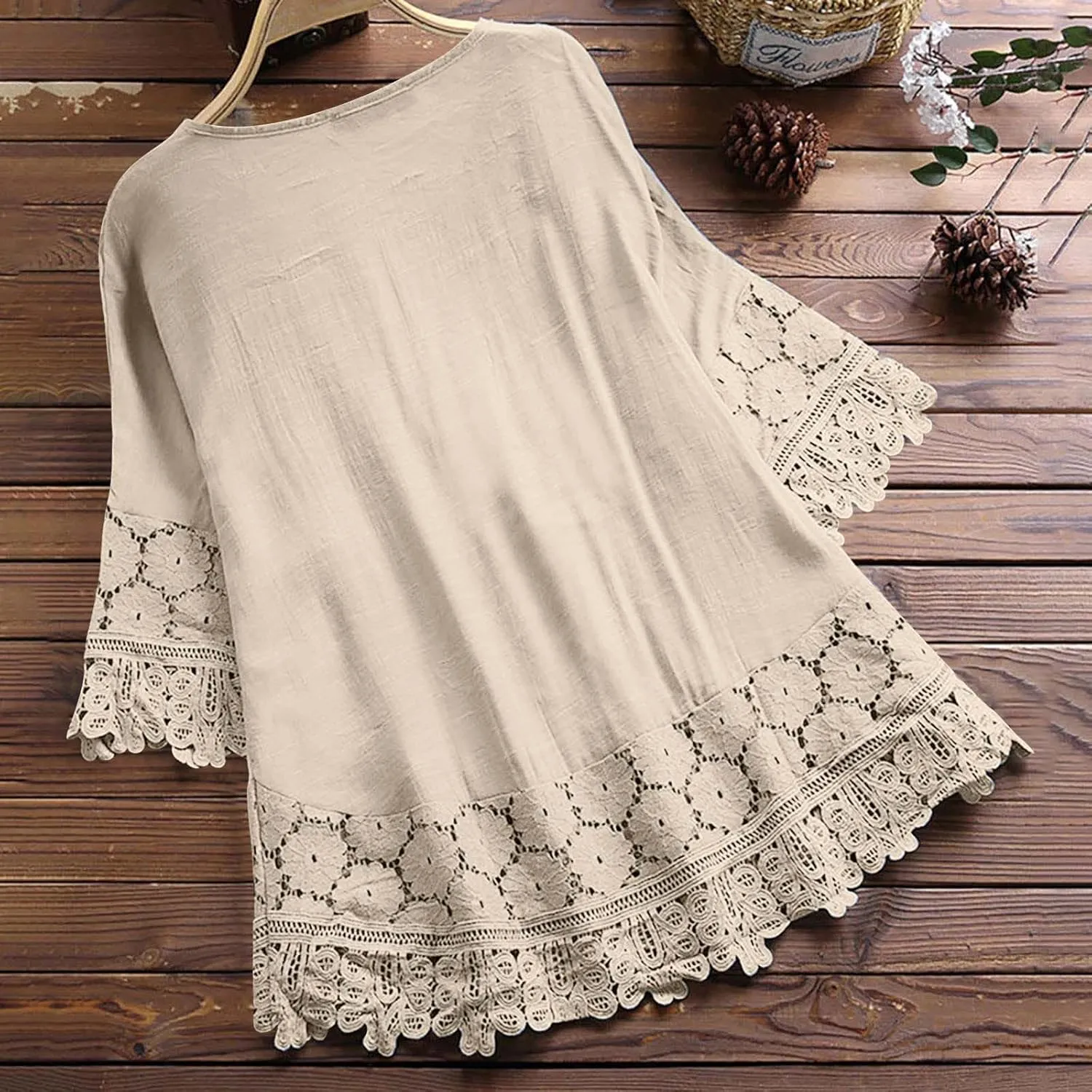 3/4 Length Sleeve Womens Boho Tops Cotton Linen Mexican Embroidered Shirts Plus Size Flowy Lace Tunic Peasant Blouses