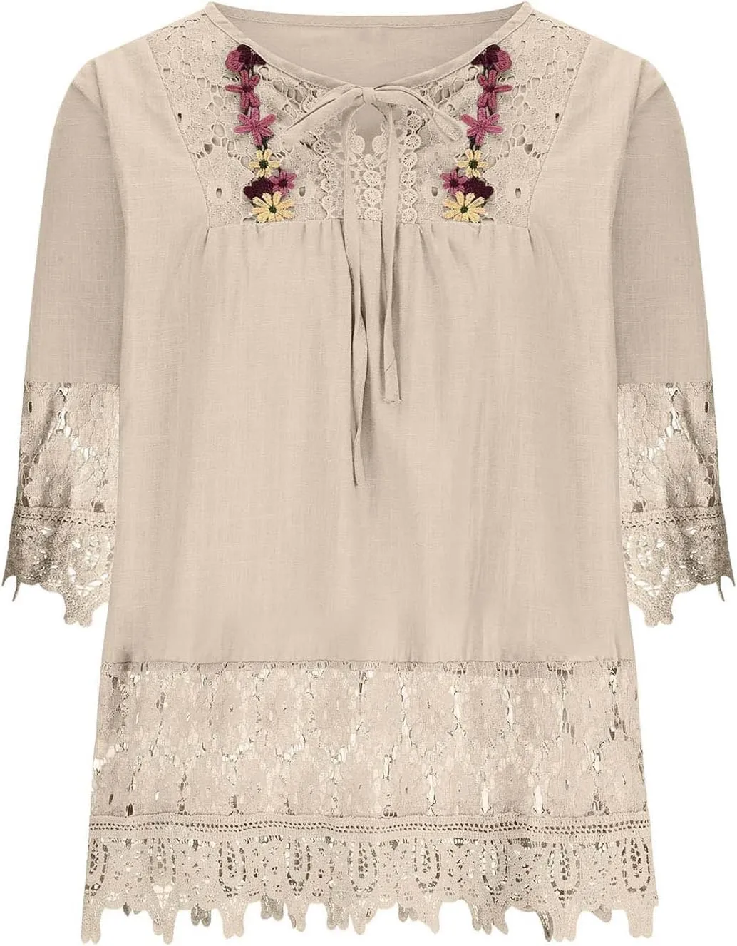 3/4 Length Sleeve Womens Boho Tops Cotton Linen Mexican Embroidered Shirts Plus Size Flowy Lace Tunic Peasant Blouses