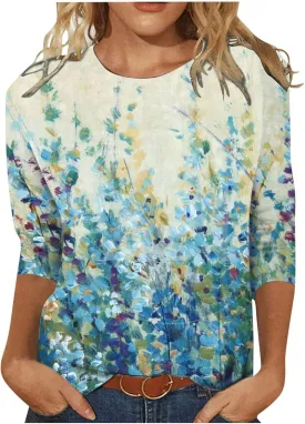 3/4 Length Sleeve Womens Tops 2024 Floral Print Vintage Fashion Casual Loose with Round Neck Plus Size Shirts