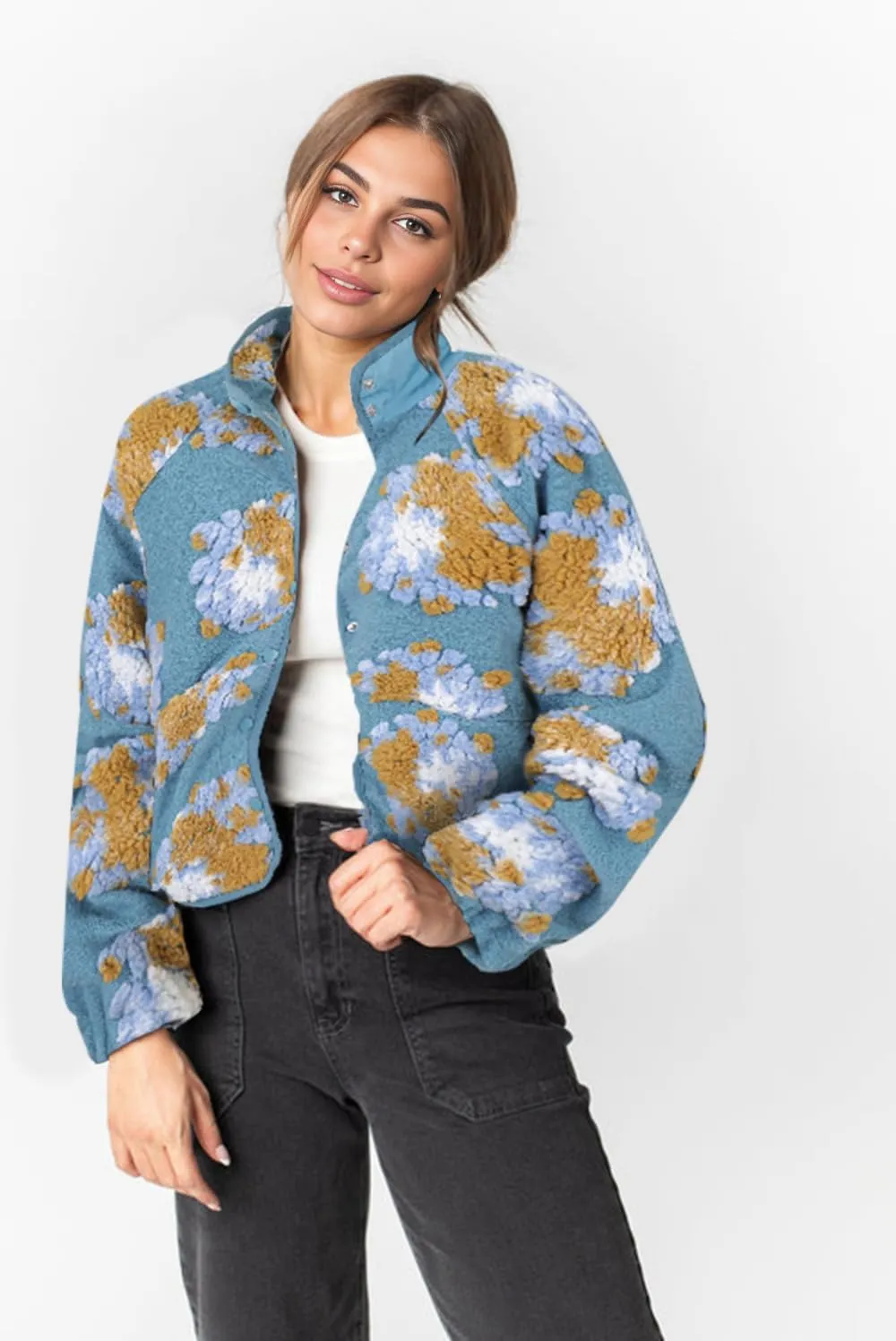 Aoang Floral Fleece Jacket Button Down Shacket Casual Sherpa Coats Warm Outwear