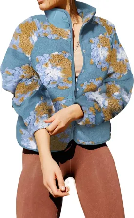 Aoang Floral Fleece Jacket Button Down Shacket Casual Sherpa Coats Warm Outwear