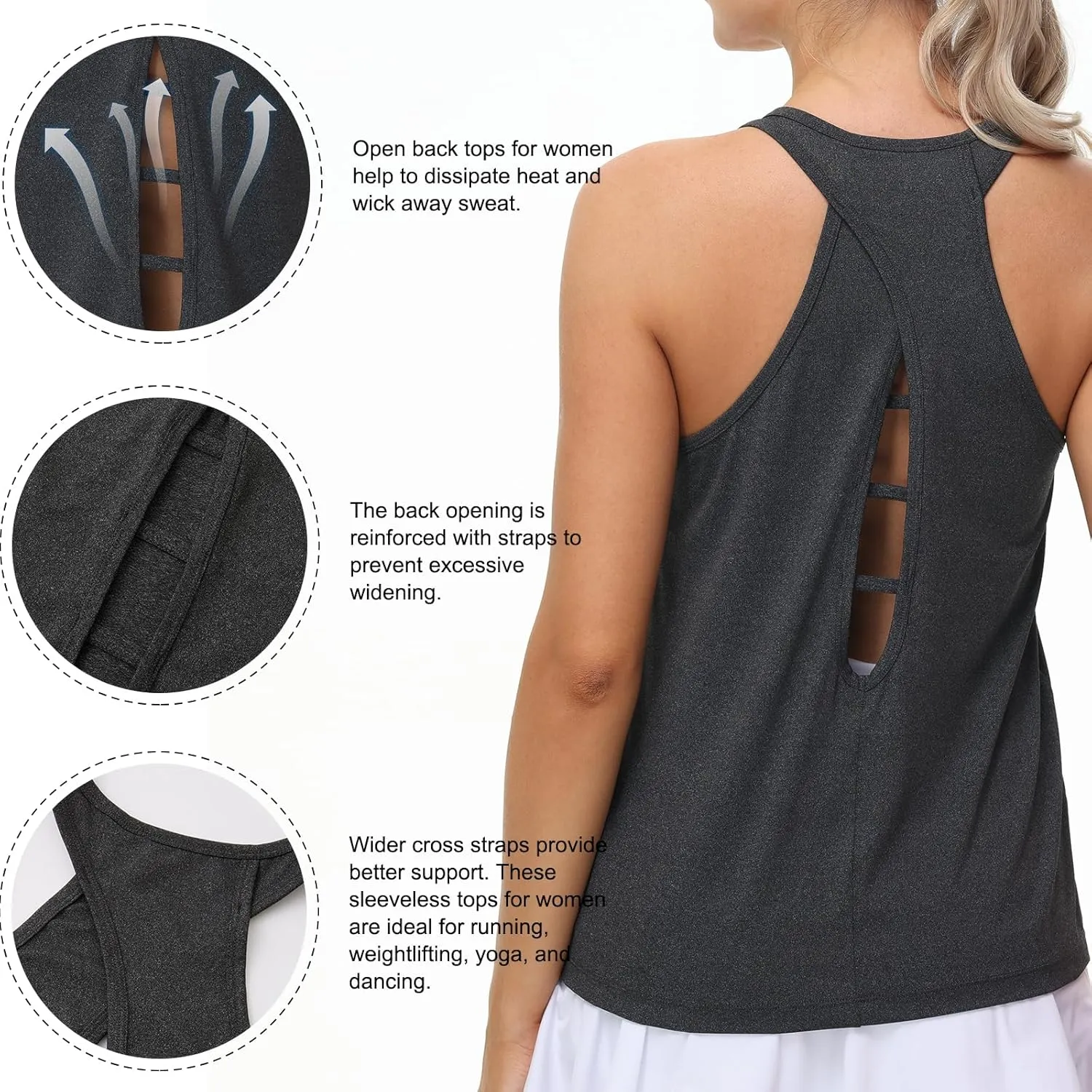 BETTERCHIC Womens Tank Tops Open Back Workout Tops Racerback Tank Tops Loose Athletic Tops Sleeveless Gym Tops Running