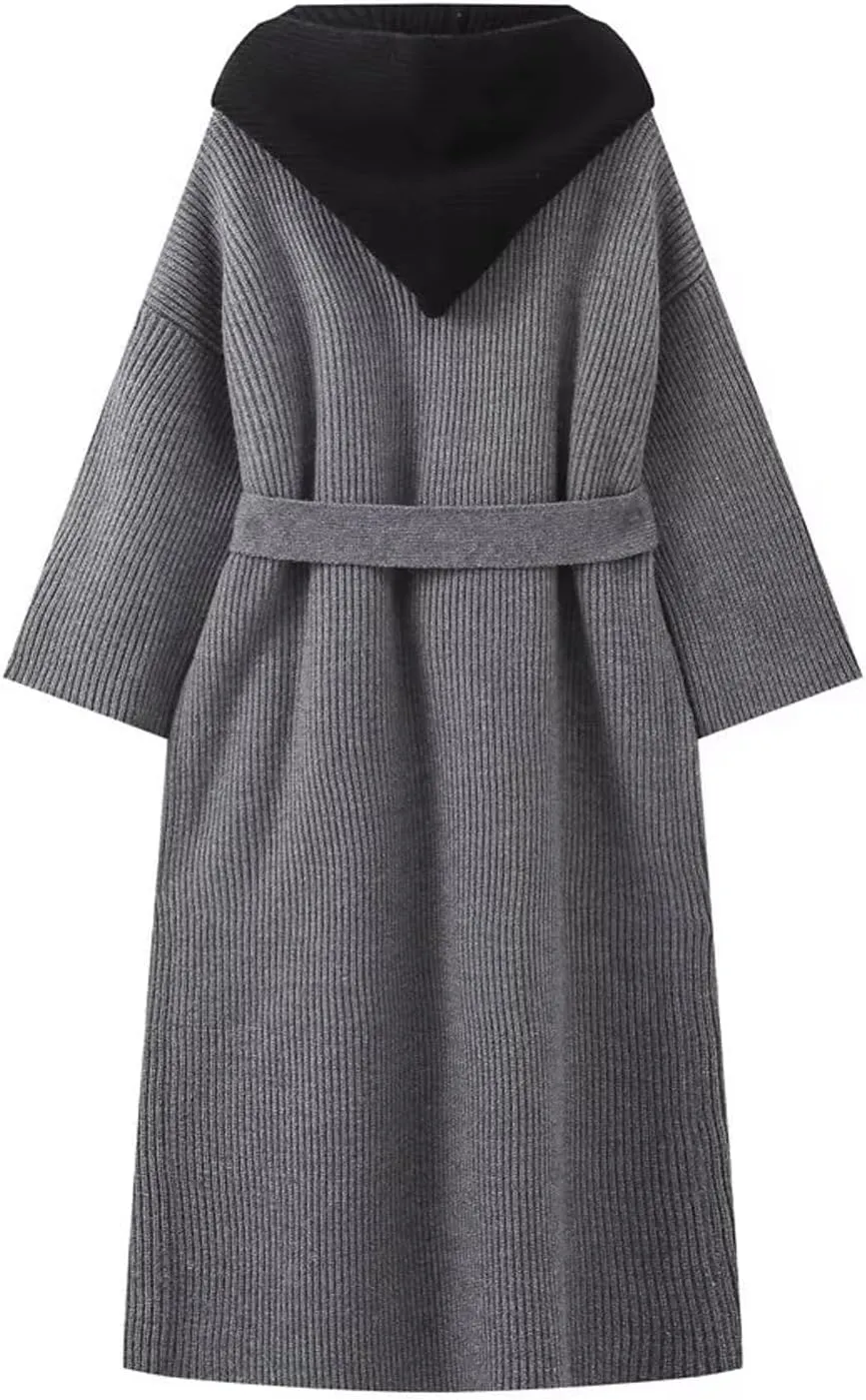 CHARTOU Women's Warm Hooded Rib Knitted Overcoat Winter Long Belted Double Breasted Trench Coat with Pockets