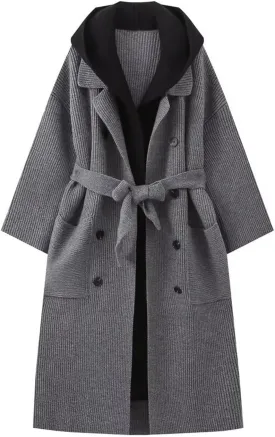 CHARTOU Women's Warm Hooded Rib Knitted Overcoat Winter Long Belted Double Breasted Trench Coat with Pockets