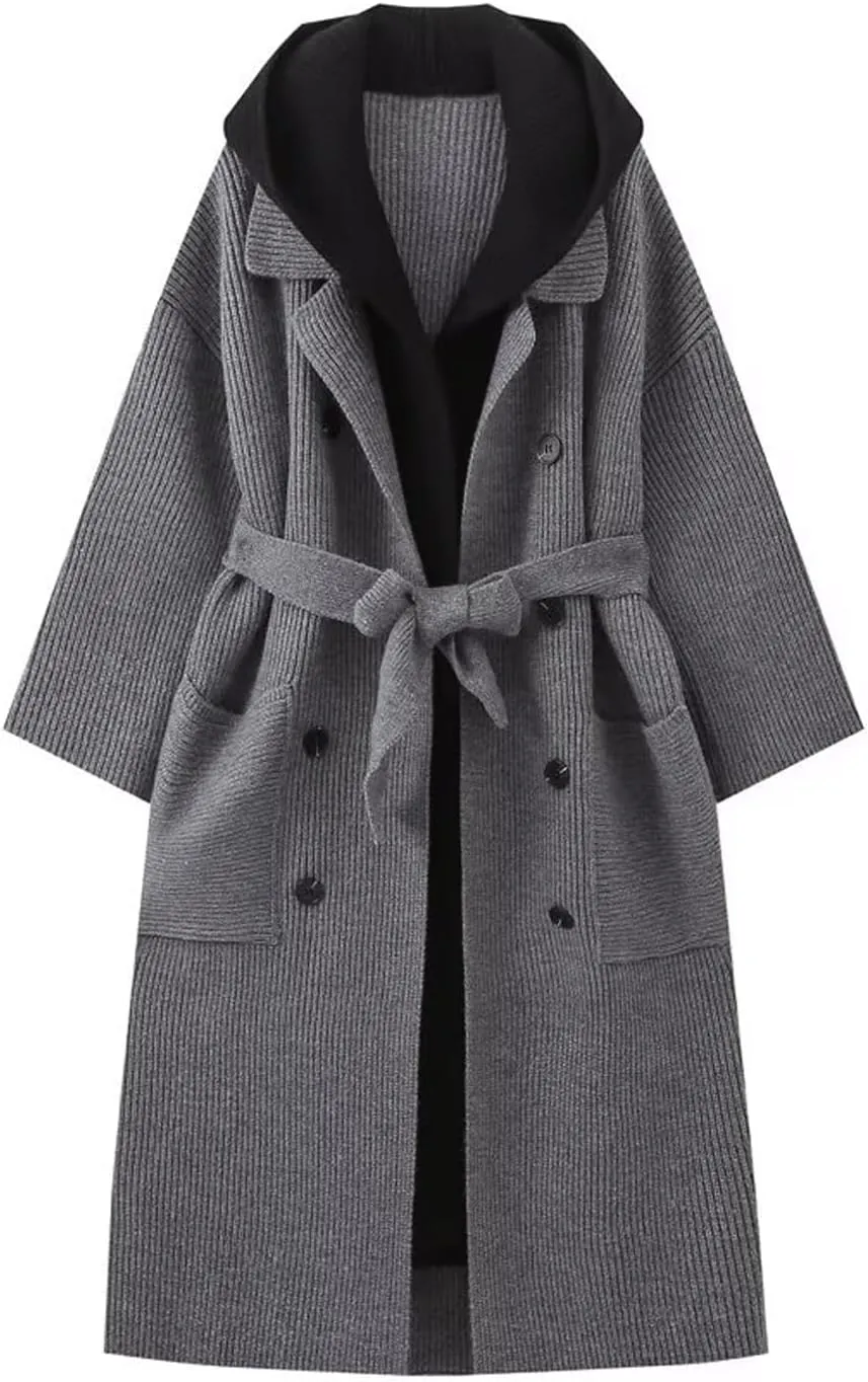 CHARTOU Women's Warm Hooded Rib Knitted Overcoat Winter Long Belted Double Breasted Trench Coat with Pockets