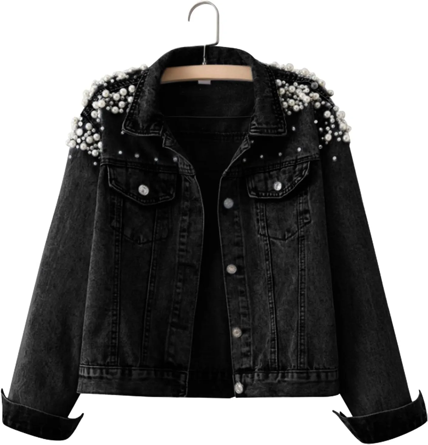 Fall Womens Clothes Women's Pearls Beading Denim Jackets Slim Embroidered Short Jean Coat Outerwear Denim Jean