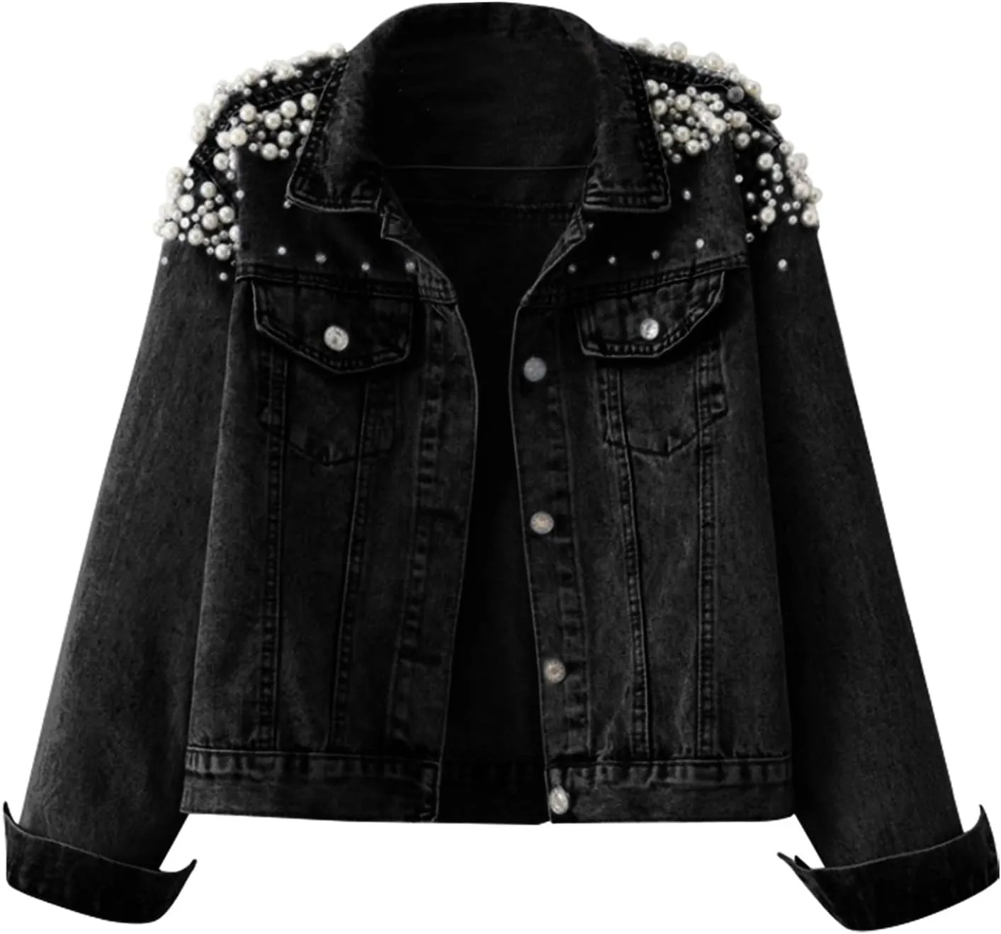 Fall Womens Clothes Women's Pearls Beading Denim Jackets Slim Embroidered Short Jean Coat Outerwear Denim Jean