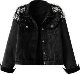 Fall Womens Clothes Women's Pearls Beading Denim Jackets Slim Embroidered Short Jean Coat Outerwear Denim Jean