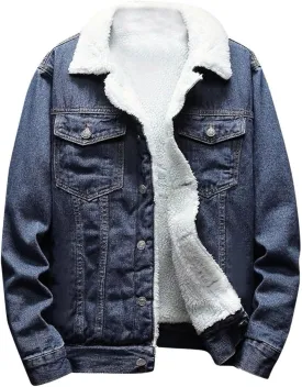 Finelylove Mens Sherpa Fleece Jean Jacket Thicken Denim Trucker Jacket Lapel Neck Warm Fall Winter Coat Windbreaker