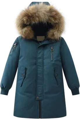 Girls Boys Long Winter Coat Heavyweight Puffer Jacket Insulated Parka with Fu Hooded Padded Down Coat for Kids