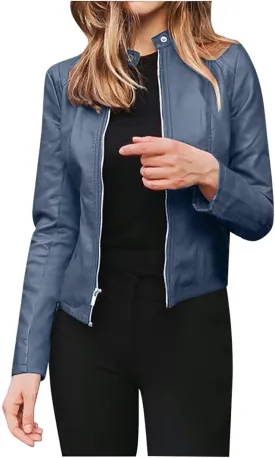 LCMTWX Leather Jacket Full Zip Snap Stand Collar Long Sleeve Outwear Cool Slim Jacket Coat for Vacation Brown Jacket Biker