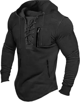 Mens Distressed Gothic Steampunk Hoodies Sweatshirts Outdoor Long Sleeve Lace Up Tactical Sports Hooded Sweatshirts