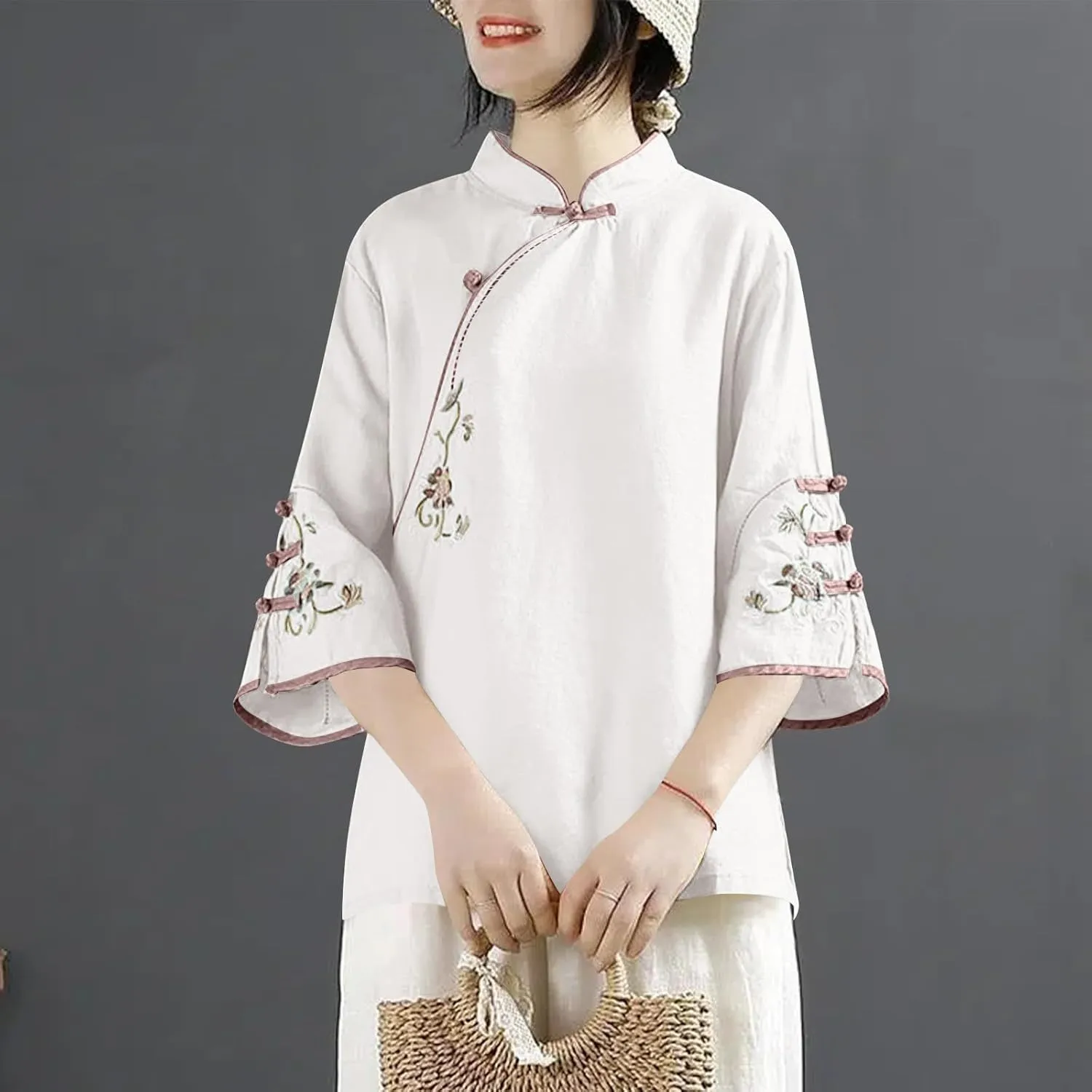 Mzkdieey Women's Cotton Linen Floral Embroidered Tops Retro Chinese Style Blouse Traditional Mandarin Collar 3/4 Sleeve Shirt