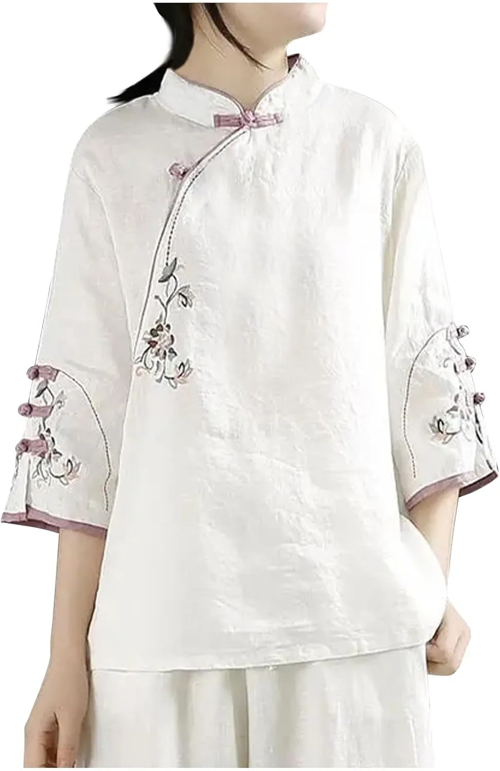Mzkdieey Women's Cotton Linen Floral Embroidered Tops Retro Chinese Style Blouse Traditional Mandarin Collar 3/4 Sleeve Shirt