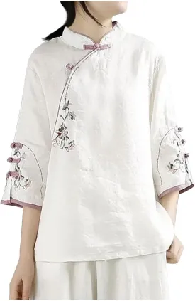 Mzkdieey Women's Cotton Linen Floral Embroidered Tops Retro Chinese Style Blouse Traditional Mandarin Collar 3/4 Sleeve Shirt