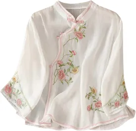 Mzkdieey Women's Cotton Linen Retro Chinese Frog Button Tops Traditional Mandarin Collar Shirts Floral Embroidered Blouse