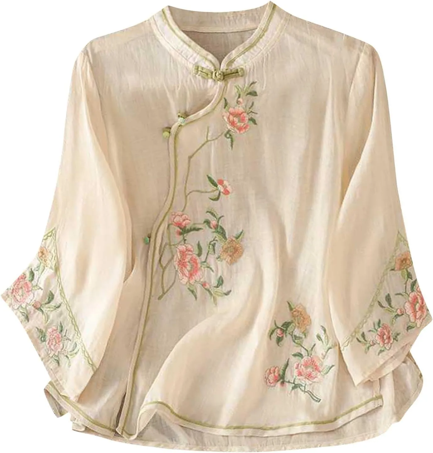 Mzkdieey Women's Cotton Linen Retro Chinese Frog Button Tops Traditional Mandarin Collar Shirts Floral Embroidered Blouse