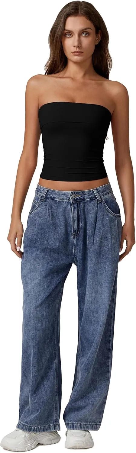 QINSEN Women's Tube Tops Strapless Bandeau Tops Double Lined Slim Fit Summer Going Out Tank Tops