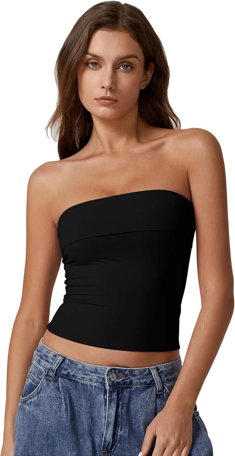 QINSEN Women's Tube Tops Strapless Bandeau Tops Double Lined Slim Fit Summer Going Out Tank Tops