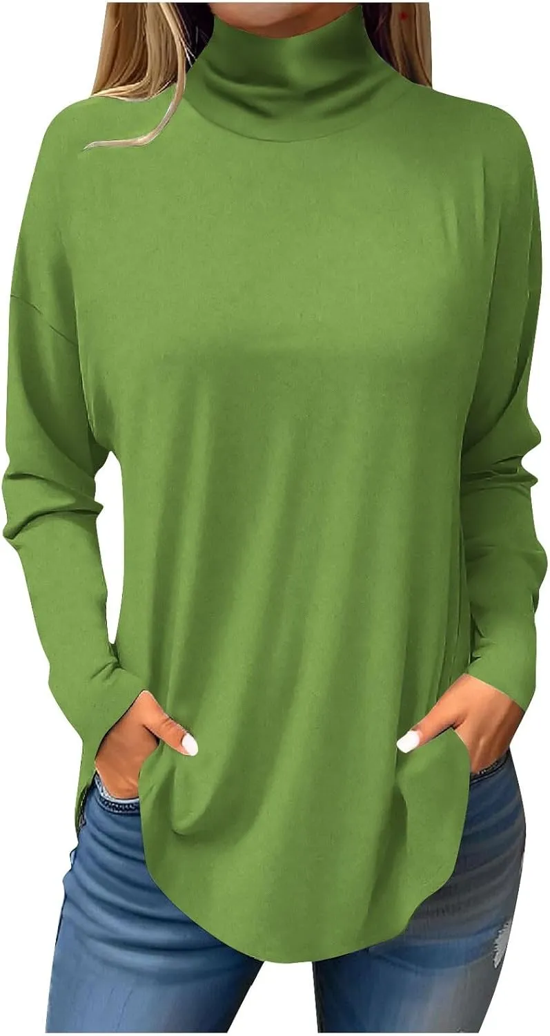 slqdgmryz Turtle Necks Tops for Women Long Sleeve Fall Shirts Mock Turtleneck Dressy Blouses Drop Shoulder Long Tunic Tops