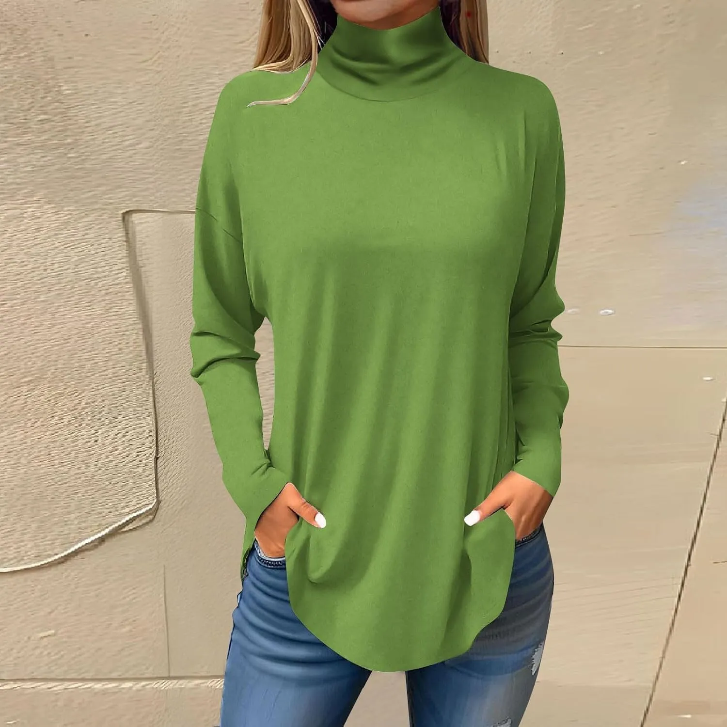 slqdgmryz Turtle Necks Tops for Women Long Sleeve Fall Shirts Mock Turtleneck Dressy Blouses Drop Shoulder Long Tunic Tops