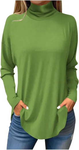 slqdgmryz Turtle Necks Tops for Women Long Sleeve Fall Shirts Mock Turtleneck Dressy Blouses Drop Shoulder Long Tunic Tops
