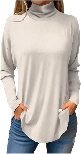 slqdgmryz Turtle Necks Tops for Women Long Sleeve Fall Shirts Mock Turtleneck Dressy Blouses Drop Shoulder Long Tunic Tops