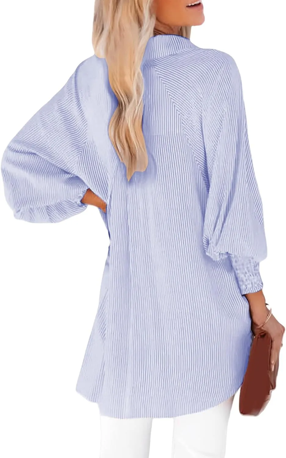 Striped Button Down Shirts for Women Dress Shirt Long Sleeve Smocked Cuffed Oversized Boyfriend Blouse Work Casual Top