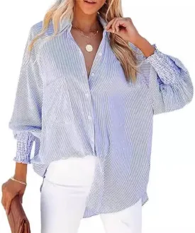 Striped Button Down Shirts for Women Dress Shirt Long Sleeve Smocked Cuffed Oversized Boyfriend Blouse Work Casual Top