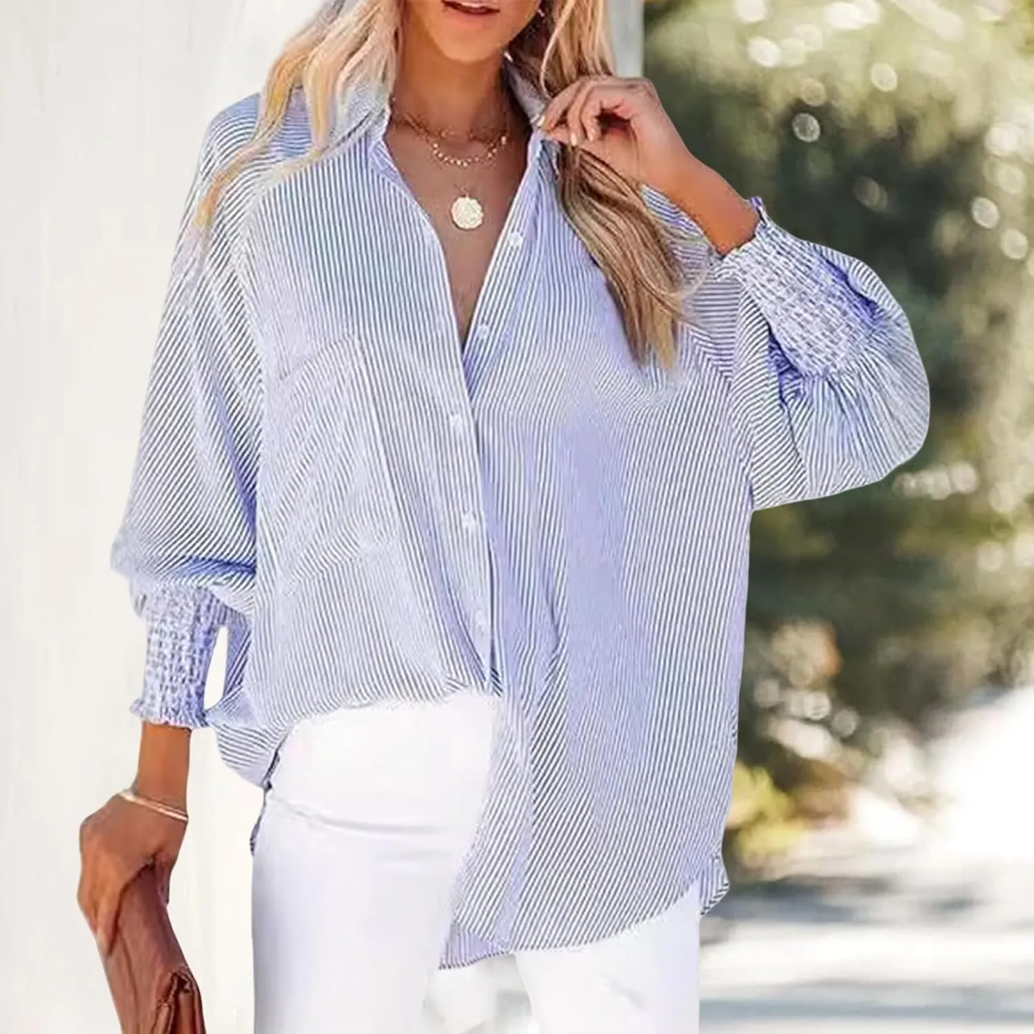 Striped Button Down Shirts for Women Dress Shirt Long Sleeve Smocked Cuffed Oversized Boyfriend Blouse Work Casual Top