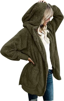 TANGNADE Sherpa Jacket Women with Hood Fleece Fuzzy Hooded Casual Coats Winter Cardigan Open Front Coat Outwear