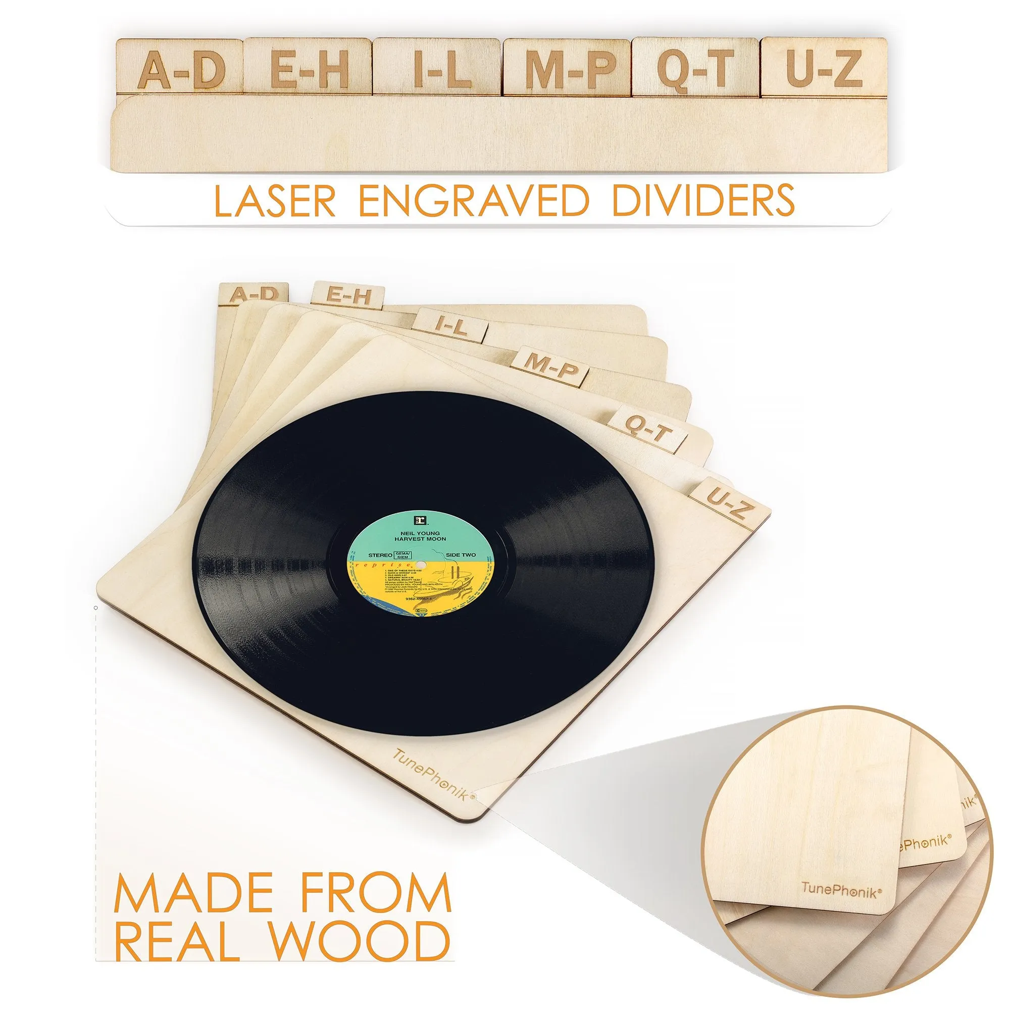 Tunephonik Vertical Laser Cut Wooden Record Dividers To Organize Vinyl Lps Up To 12