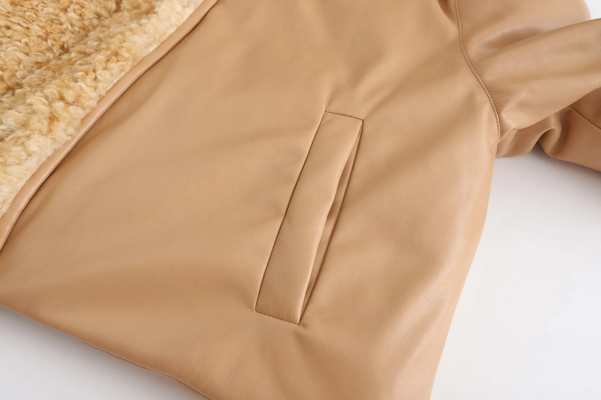 Vegan Leather Teddy Down Jacket - Camel