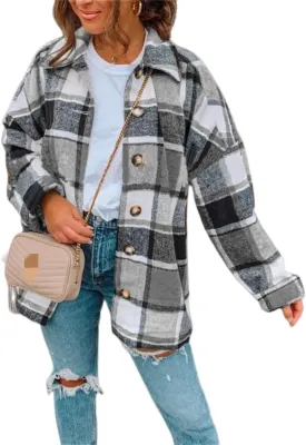 Wankang Womens 2023 Flannel Plaid Shirts Long Sleeve Casual Lapel Button Down Boyfriend Shacket Tartan Jacket Loose Fall Coat