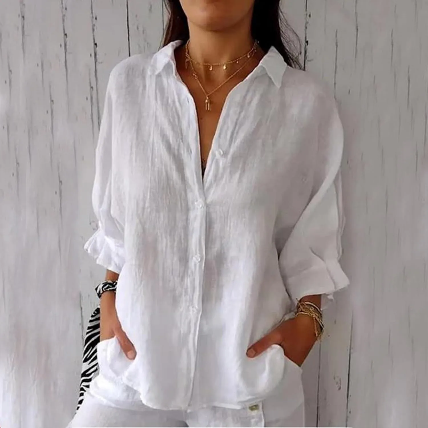 Women Button Down Shirts Cotton Linen Blouse Tops 3/4 Sleeve Gauze Collar Shirt Tunic Loose Fit Fashion Trendy Clothes