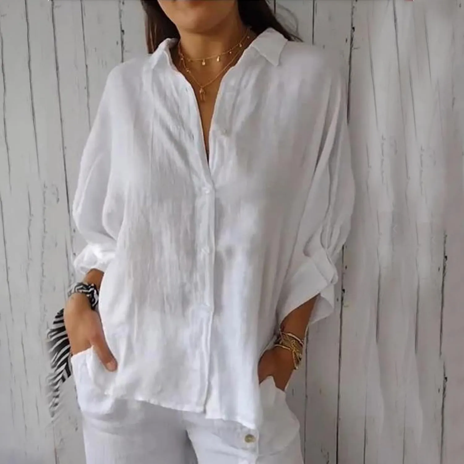 Women Button Down Shirts Cotton Linen Blouse Tops 3/4 Sleeve Gauze Collar Shirt Tunic Loose Fit Fashion Trendy Clothes