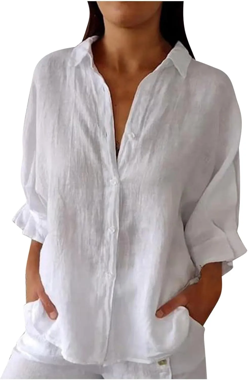 Women Button Down Shirts Cotton Linen Blouse Tops 3/4 Sleeve Gauze Collar Shirt Tunic Loose Fit Fashion Trendy Clothes