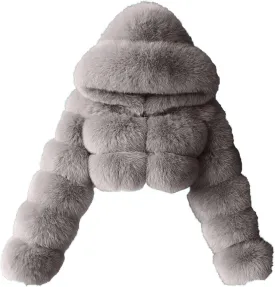 Women's Faux Fur Jacket Casual Fashion Cropped Coat Fluffy Shaggy Solid Outerwear Winter Warm Hooded Cardigan