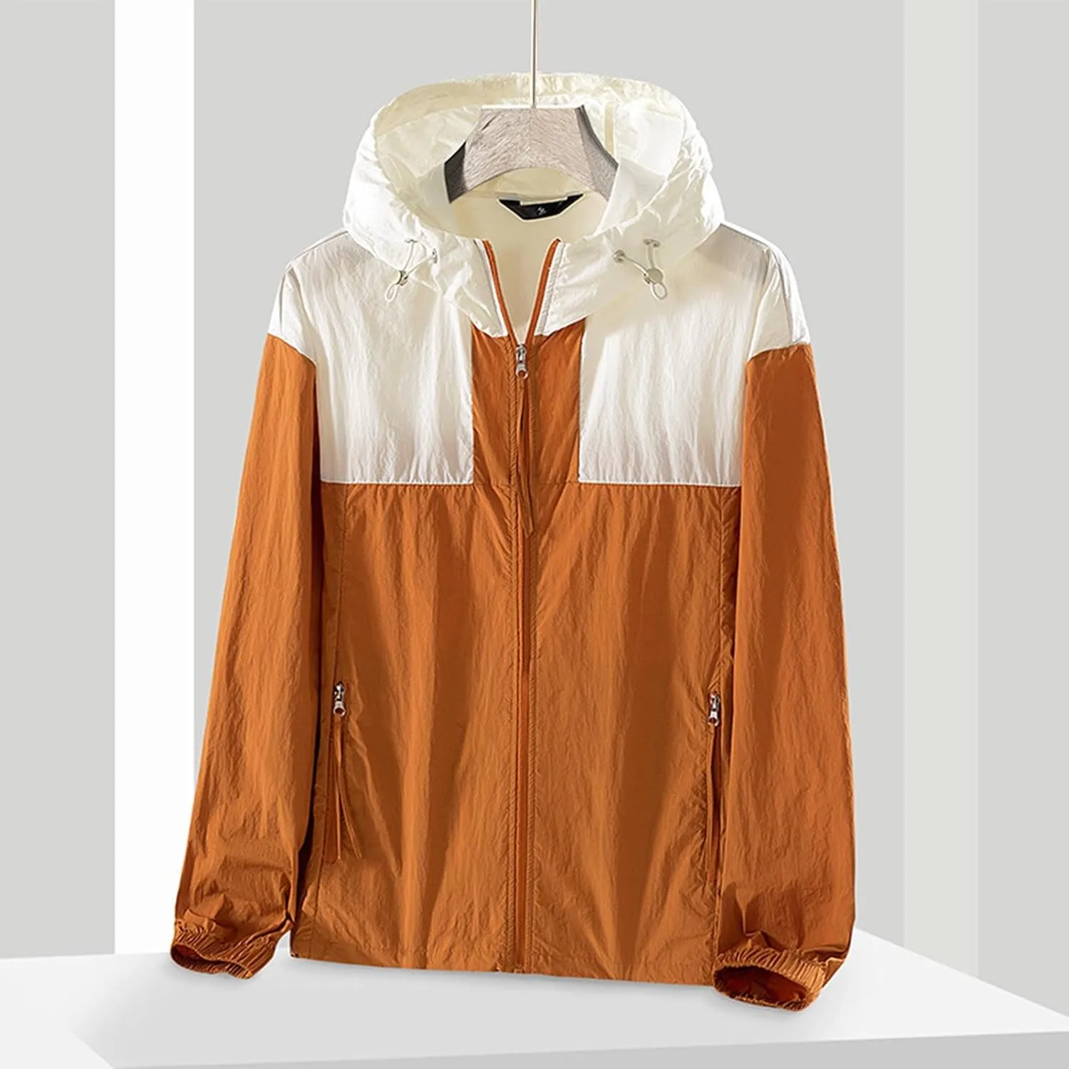 Women's Lightweight Windbreaker Sport Jacket Zip Up Color Block Drawstring Hooded Coat Jogging Sun Protection Outerwear