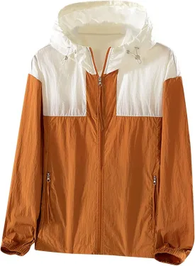 Women's Lightweight Windbreaker Sport Jacket Zip Up Color Block Drawstring Hooded Coat Jogging Sun Protection Outerwear