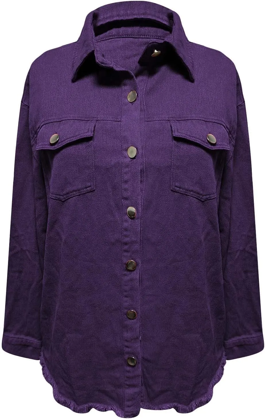 Womens Oversized Button Up Frayed Hem Shacket Long Sleeve Pockets Denim Jean Jacket Trucker Coats