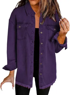 Womens Oversized Button Up Frayed Hem Shacket Long Sleeve Pockets Denim Jean Jacket Trucker Coats