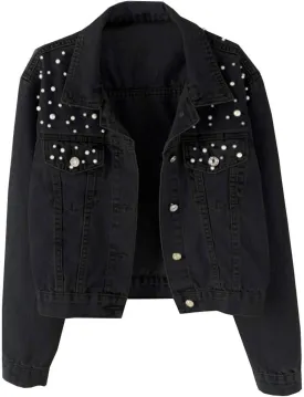 Womens Oversized Denim Jacket Embroidered Beading Pearls Short Jean Jacket Fashion Botton Down Coat