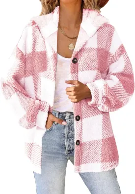Womens Plaid Shacket Fleece Sherpa Lined Jackets Hooded Long Sleeve Fuzzy Button Down Cardigan Trendy Winter Coats