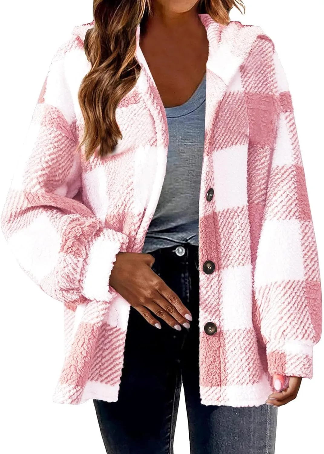 Womens Plaid Shacket Fleece Sherpa Lined Jackets Hooded Long Sleeve Fuzzy Button Down Cardigan Trendy Winter Coats