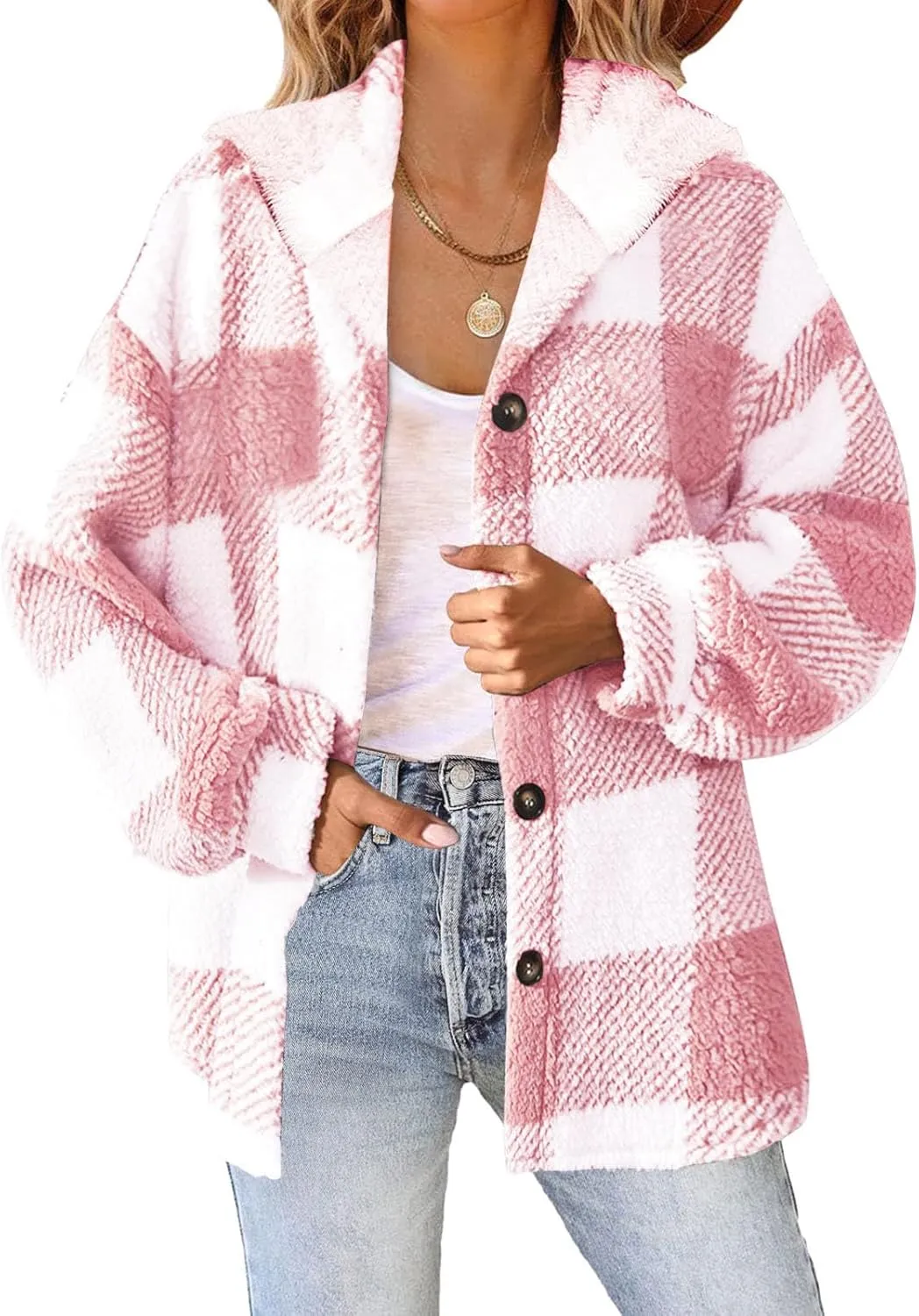Womens Plaid Shacket Fleece Sherpa Lined Jackets Hooded Long Sleeve Fuzzy Button Down Cardigan Trendy Winter Coats